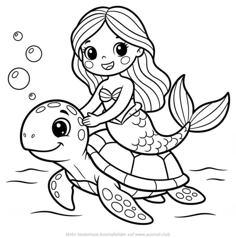 Meerjungfrau reitet auf Schildkröte Ausmalbild