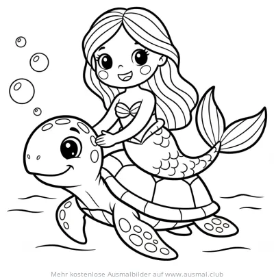 Meerjungfrau reitet auf Schildkröte Ausmalbild