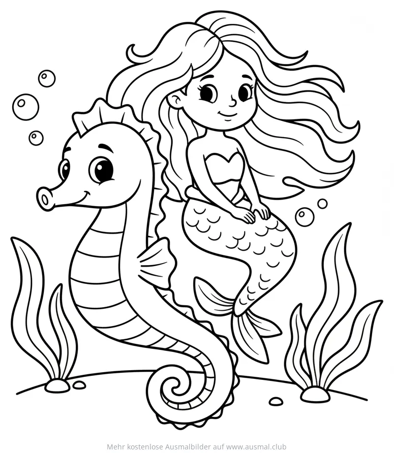 Meerjungfrau reitet auf Seepferdchen Ausmalbild