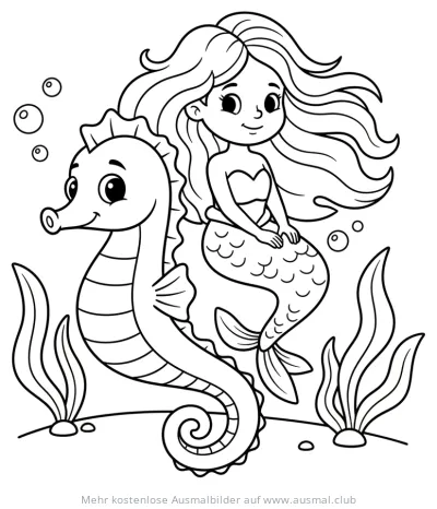 Meerjungfrau reitet auf Seepferdchen Ausmalbild
