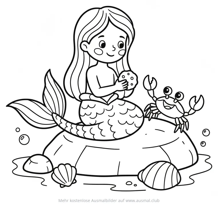 Meerjungfrau mit Krabbe auf Felsen Ausmalbild