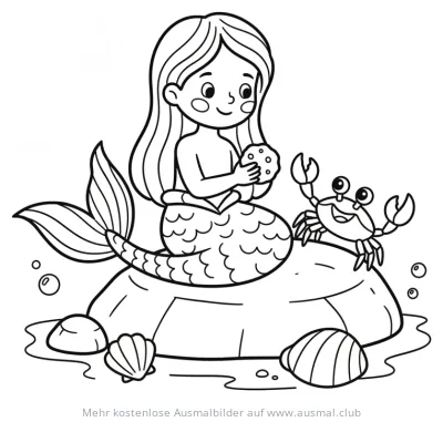 Meerjungfrau mit Krabbe auf Felsen Ausmalbild