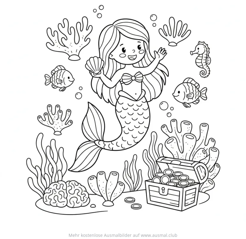 Meerjungfrau mit Muschel und Korallenriff Ausmalbild