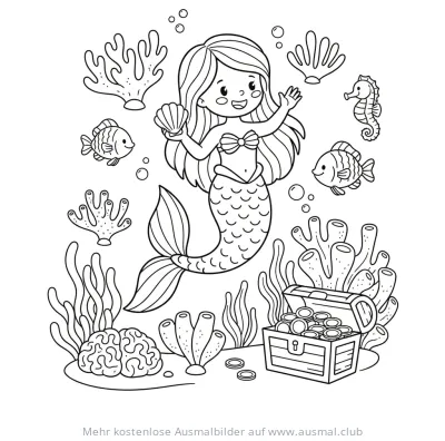 Meerjungfrau mit Muschel und Korallenriff Ausmalbild