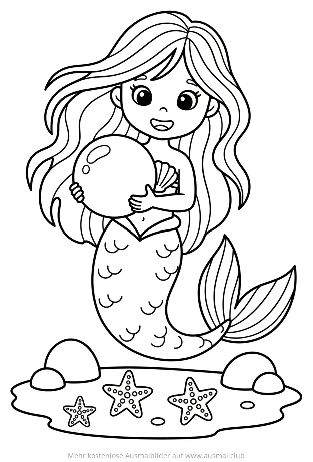 Freundliche Meerjungfrau hält eine große Perle, Ausmalbild