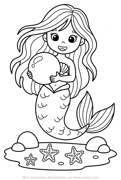 Freundliche Meerjungfrau hält eine große Perle, Ausmalbild
