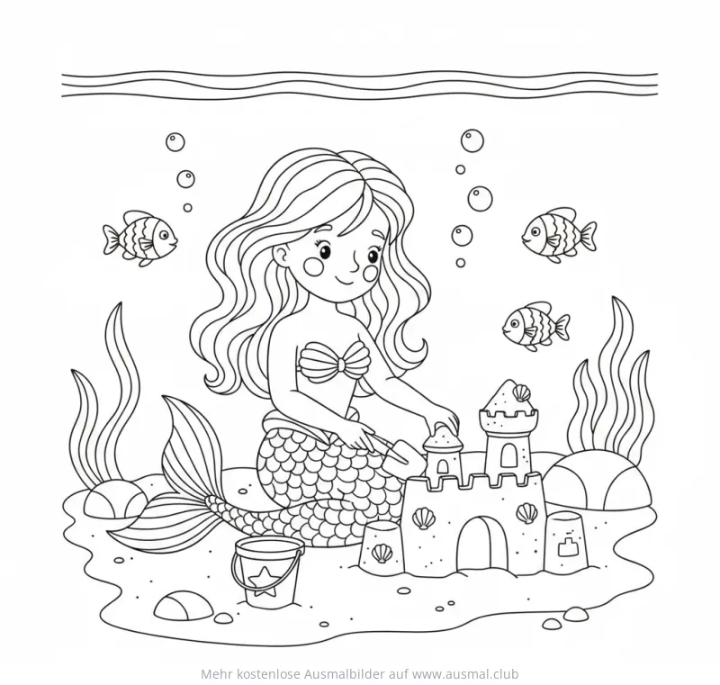 Meerjungfrau baut Sandburg Ausmalbild unter Wasser