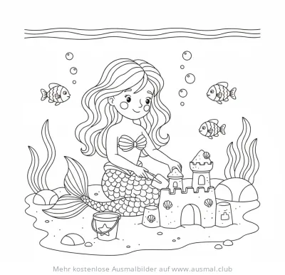 Meerjungfrau baut Sandburg Ausmalbild unter Wasser