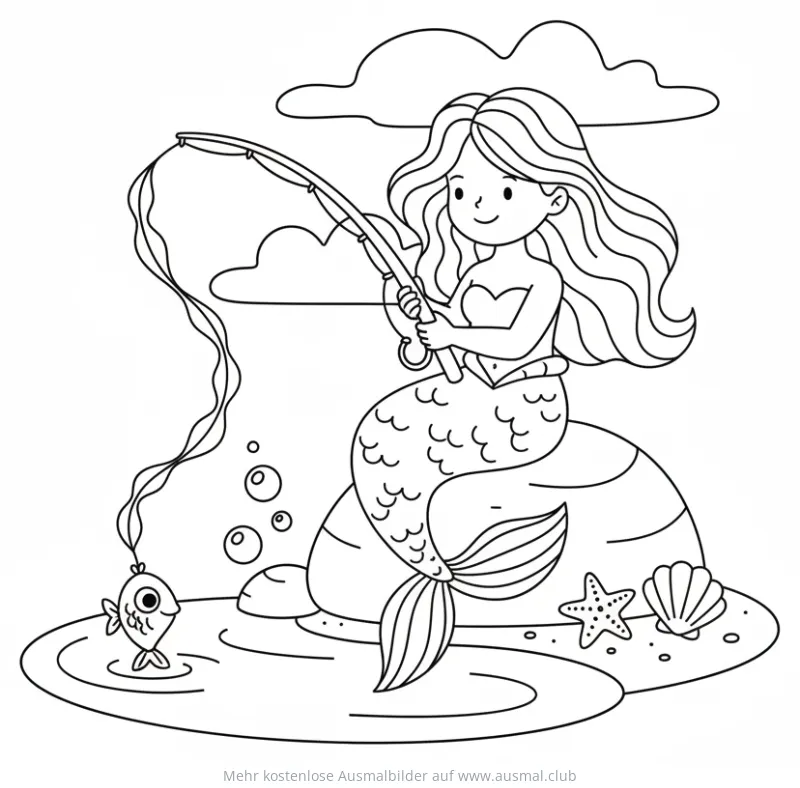 Meerjungfrau mit Angel und Fisch Ausmalbild