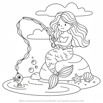 Meerjungfrau mit Angel und Fisch Ausmalbild
