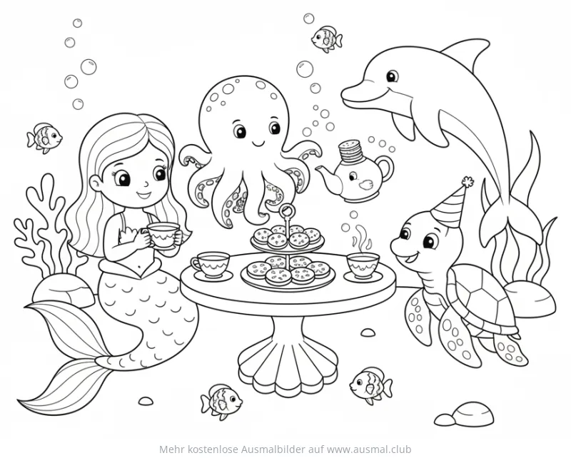 Meerjungfrau Teeparty mit Delfin, Oktopus und Schildkröte Ausmalbild