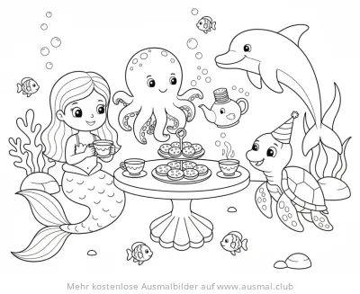 Meerjungfrau Teeparty mit Delfin, Oktopus und Schildkröte Ausmalbild