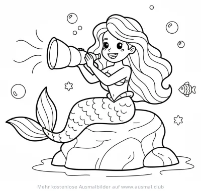 Meerjungfrau mit Fernrohr sitzt auf Felsen Ausmalbild