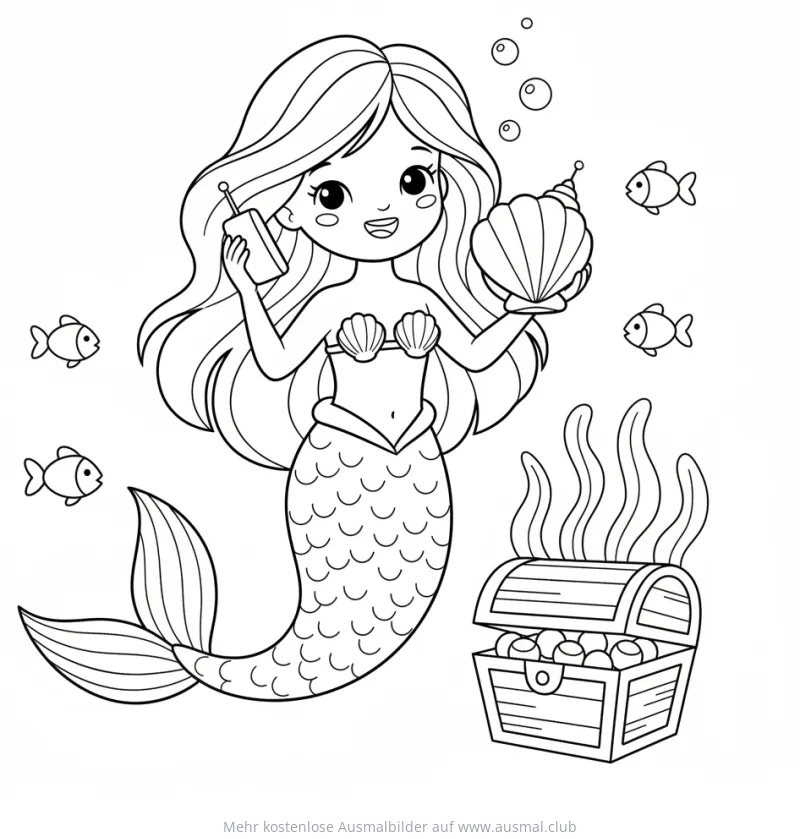 Meerjungfrau telefoniert mit Muschel-Handy neben Schatztruhe Ausmalbild