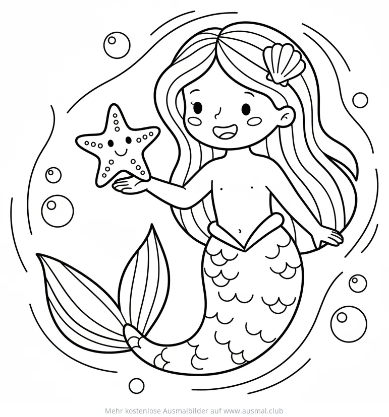 Meerjungfrau mit Seestern Ausmalbild