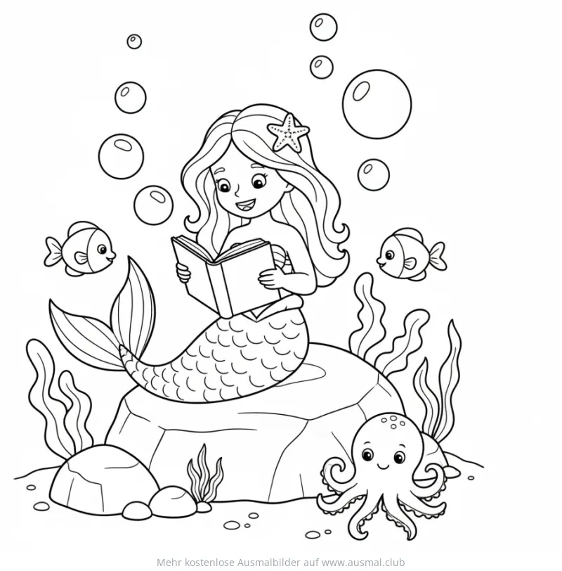 Meerjungfrau liest ein Buch auf einem Felsen, umgeben von Fischen und einem Oktopus Ausmalbild
