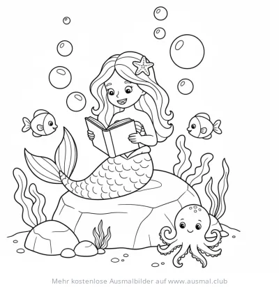 Meerjungfrau liest ein Buch auf einem Felsen, umgeben von Fischen und einem Oktopus Ausmalbild