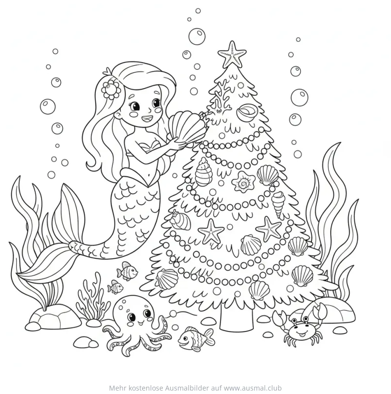 Meerjungfrau schmückt Weihnachtsbaum mit Muscheln Ausmalbild