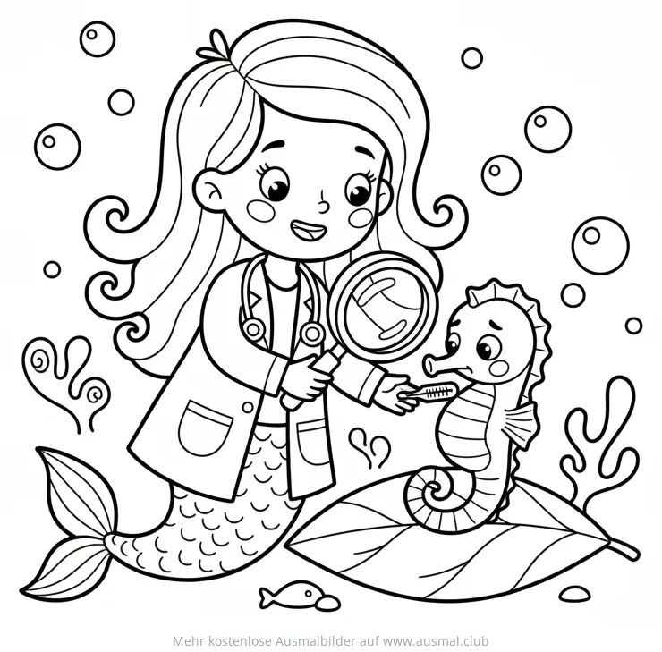 Meerjungfrau-Ärztin untersucht krankes Seepferdchen Ausmalbild