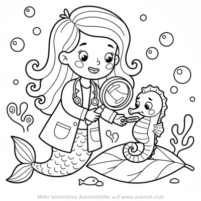 Meerjungfrau-Ärztin untersucht krankes Seepferdchen Ausmalbild