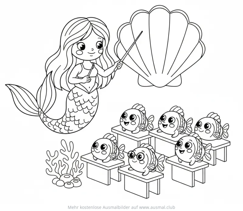 Meerjungfrau unterrichtet Fische mit Muschel als Tafel Ausmalbild