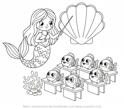 Meerjungfrau unterrichtet Fische mit Muschel als Tafel Ausmalbild
