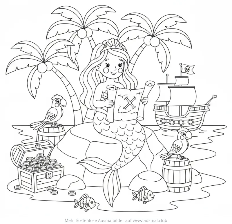 Meerjungfrau mit Schatzkarte, Papageien und Piratenschiff Ausmalbild