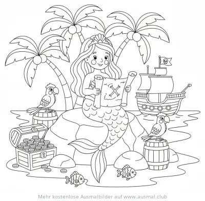 Meerjungfrau mit Schatzkarte, Papageien und Piratenschiff Ausmalbild