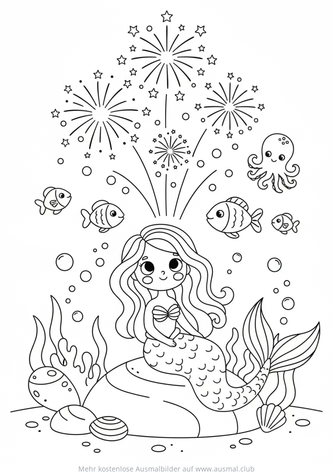 Meerjungfrau sitzt auf Felsen mit Feuerwerk im Hintergrund Ausmalbild