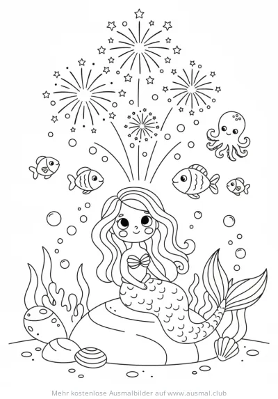 Meerjungfrau sitzt auf Felsen mit Feuerwerk im Hintergrund Ausmalbild