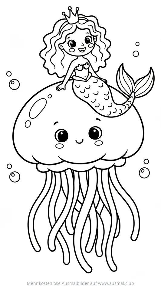 Meerjungfrau mit Krone reitet auf freundlicher Qualle Ausmalbild