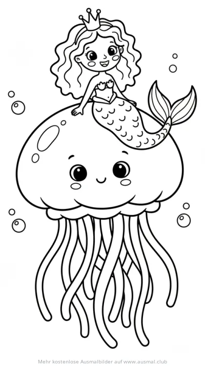 Meerjungfrau mit Krone reitet auf freundlicher Qualle Ausmalbild