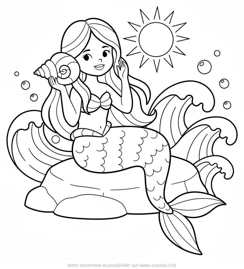 Meerjungfrau sitzt auf Felsen und lauscht an einer Muschel Ausmalbild