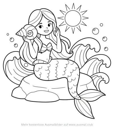 Meerjungfrau sitzt auf Felsen und lauscht an einer Muschel Ausmalbild