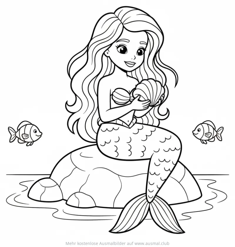 Meerjungfrau sitzt auf Felsen mit Muschel Ausmalbild