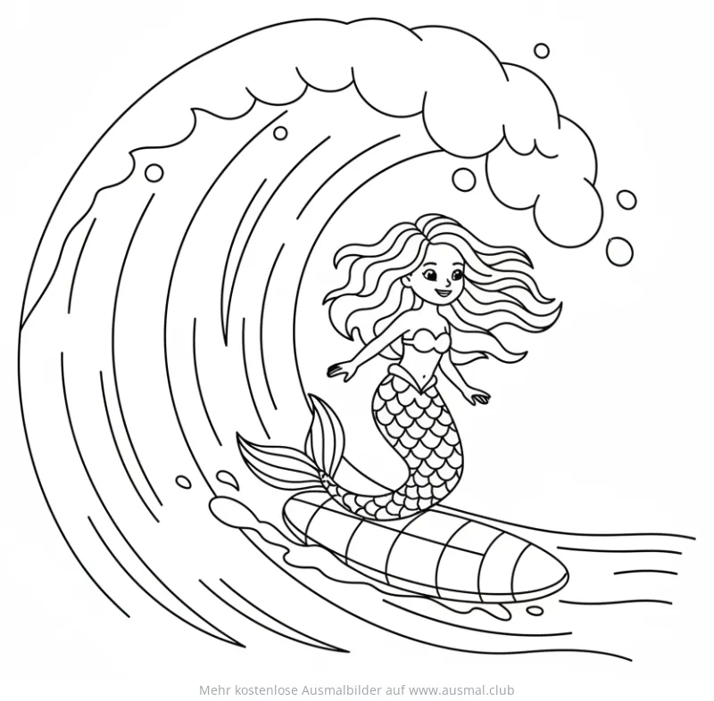 Meerjungfrau reitet auf einer Welle Surfbrett Ausmalbild