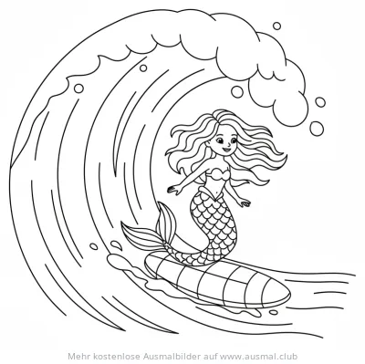 Meerjungfrau reitet auf einer Welle Surfbrett Ausmalbild