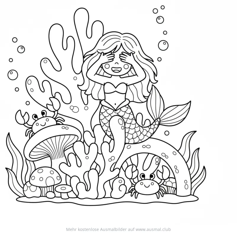 Meerjungfrau Versteckspiel mit Krabben Ausmalbild