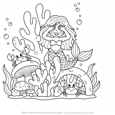 Meerjungfrau Versteckspiel mit Krabben Ausmalbild