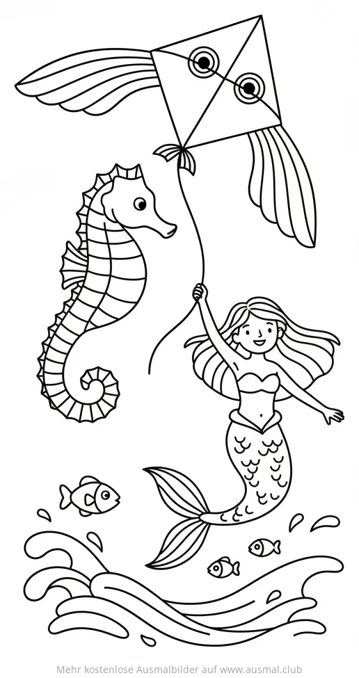 Meerjungfrau mit Drachen und Seepferdchen Ausmalbild