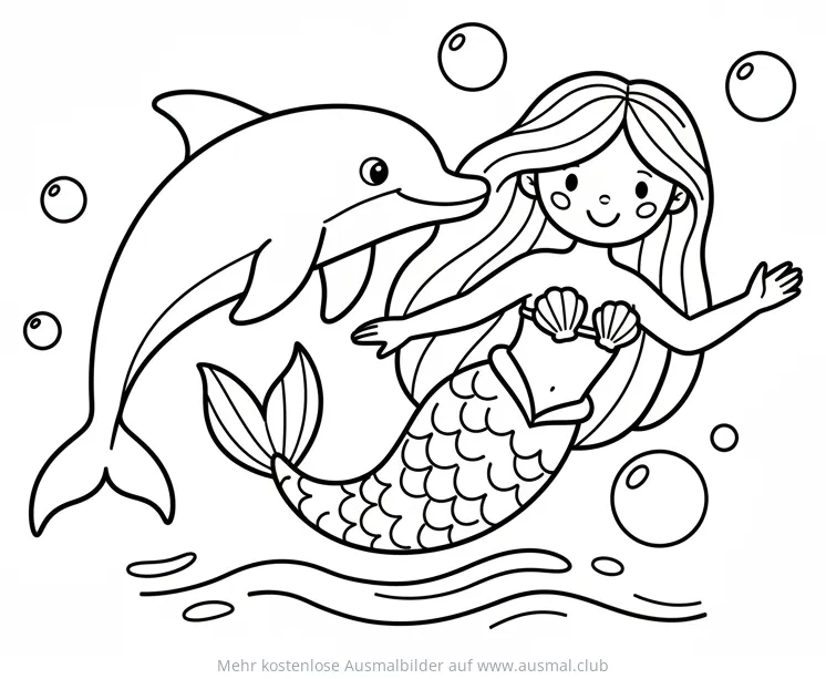 Meerjungfrau schwimmt mit Delfin Ausmalbild
