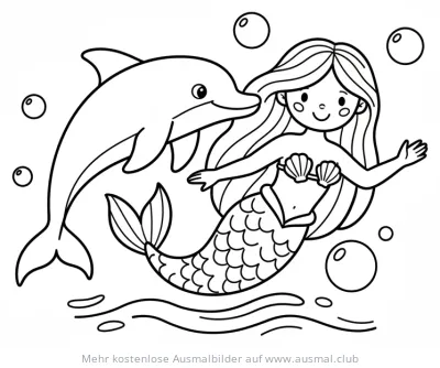 Meerjungfrau schwimmt mit Delfin Ausmalbild