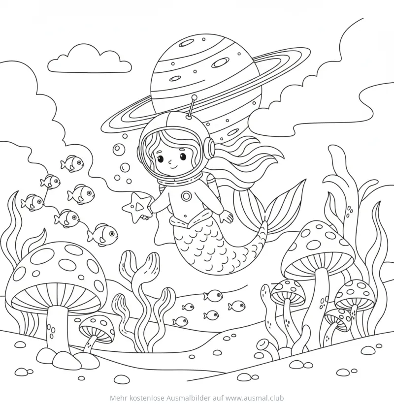 Meerjungfrau im Astronautenanzug mit Planet Ausmalbild