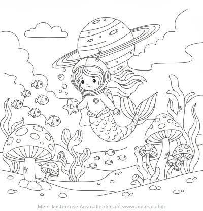 Meerjungfrau im Astronautenanzug mit Planet Ausmalbild