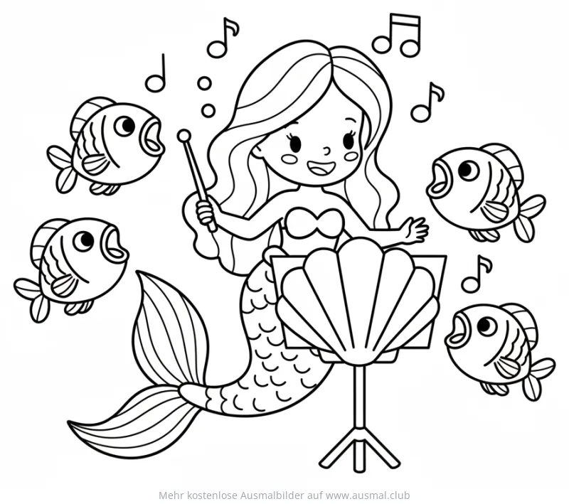 Meerjungfrau dirigiert singenden Fischchor Ausmalbild