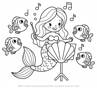 Meerjungfrau dirigiert singenden Fischchor Ausmalbild
