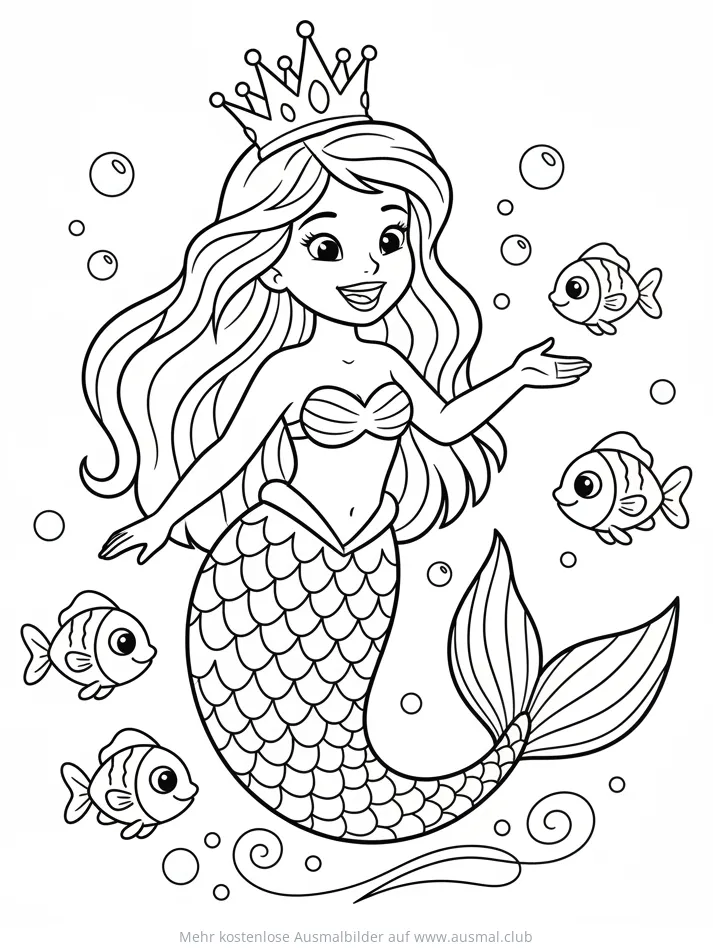 Meerjungfrau Prinzessin mit Krone und Fischen Ausmalbild