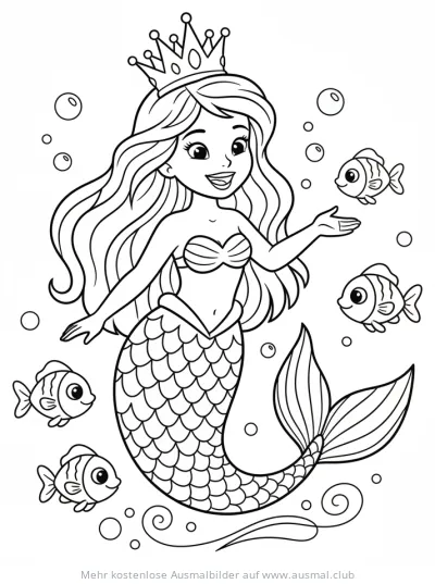 Meerjungfrau Prinzessin mit Krone und Fischen Ausmalbild