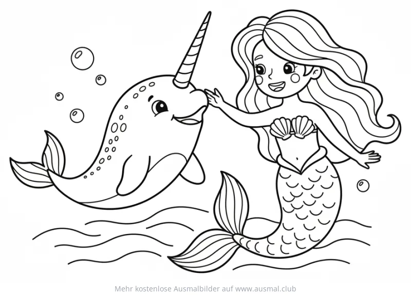 Meerjungfrau und Narwal Ausmalbild unter Wasser