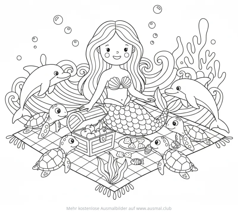 Meerjungfrau Picknick mit Delfinen und Schildkröten Ausmalbild
